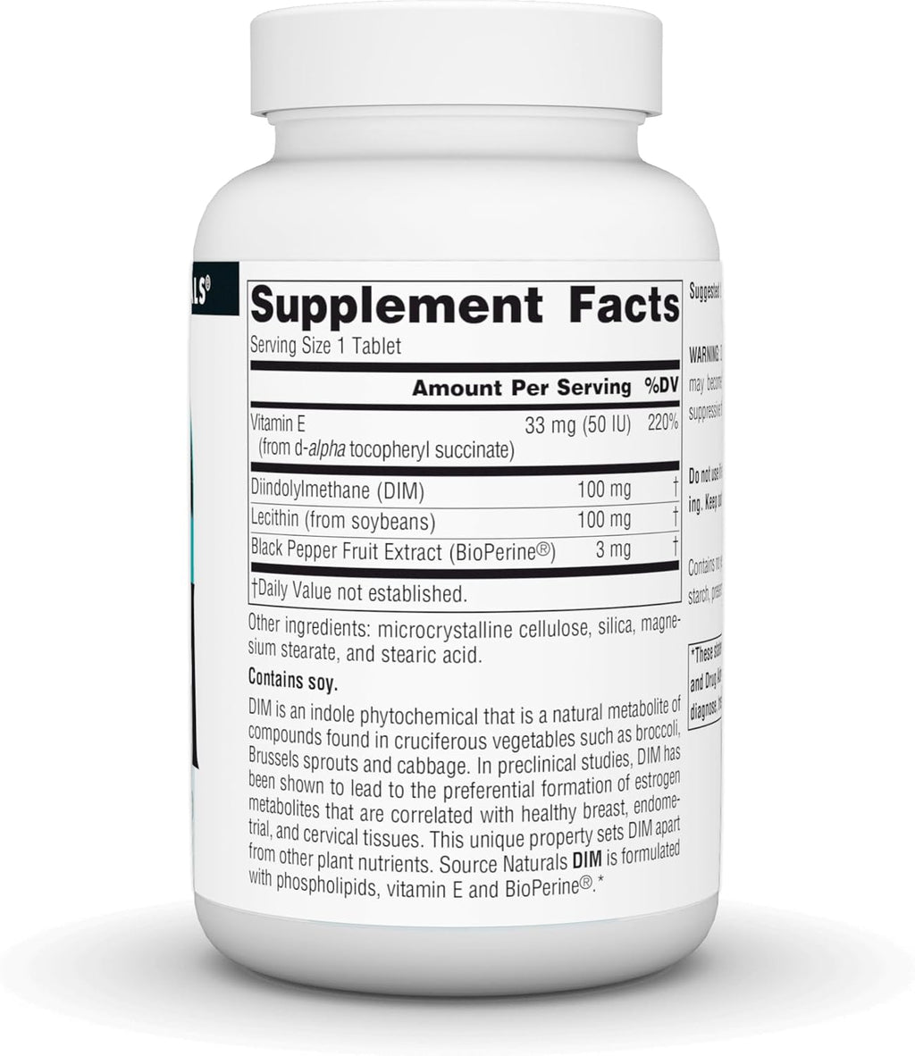 Source Naturals DIM, Diindolylmethane 100mg con BioPerine y Vitamina E - 120 Comprimidos