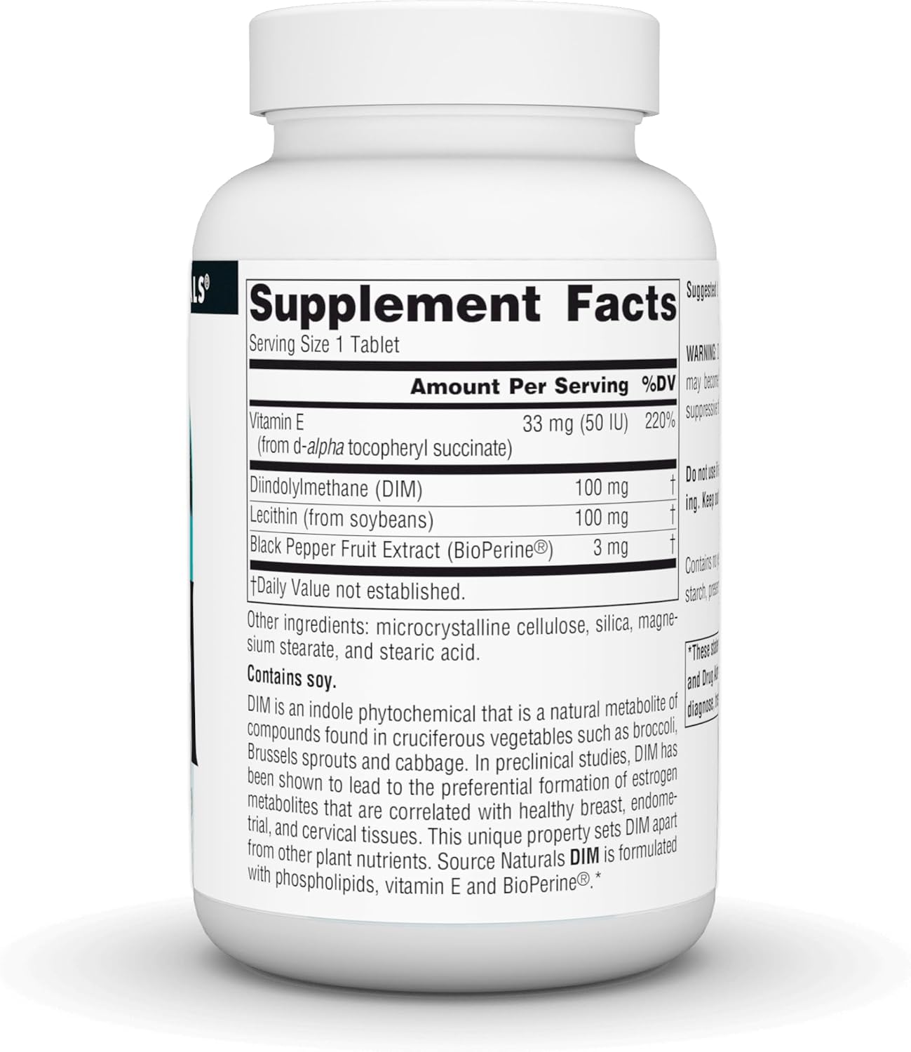 Source Naturals DIM, Diindolylmethane 100mg con BioPerine y Vitamina E - 120 Comprimidos