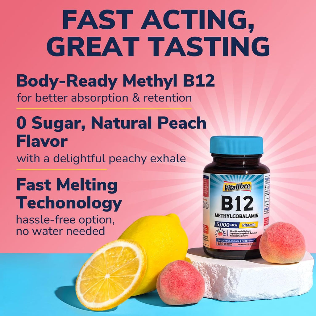 Vitalibre Vitamina B12 Sublingual 5000 mcg, Metilcobalamina, Forma Bioactiva, Vegano, 180 Comprimidos de Disolución Rápida, Sabor Melocotón Natural