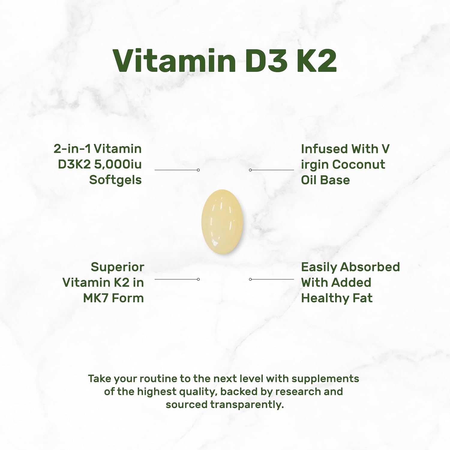 DEAL SUPPLEMENT Vitamina D3 5.000 UI + K2 MK7 100mcg Cápsulas blandas | Complejo 2 en 1 con Aceite de Coco Virgen