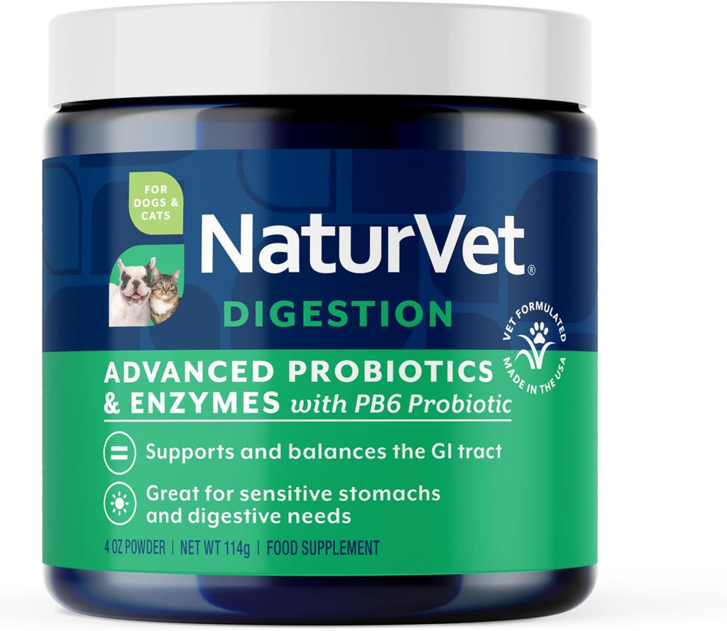 NaturVet Probióticos y Enzimas Avanzados con Probiótico PB6 de Fuerza Veterinaria - Apoya y Equilibra Mascotas con Estómagos Sensibles - para Perros y Gatos (113 g)