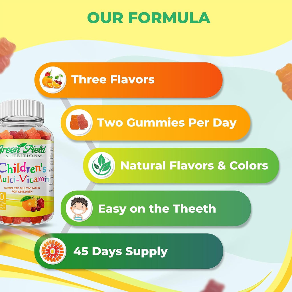 Greenfield Nutritions Multivitamínico Halal para Niños - Gominolas sin Gelatina con Vitaminas A, B, C, D, Yodo y Zinc - 90 Unidades