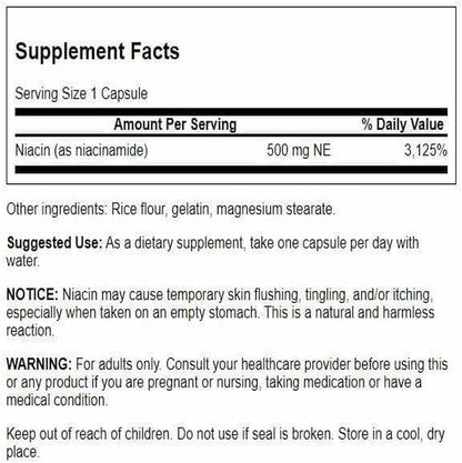Swanson Niacinamida 500 mg 250 Cápsulas – Sistema nervioso: Contribuye al funcionamiento normal del sistema – Image 2