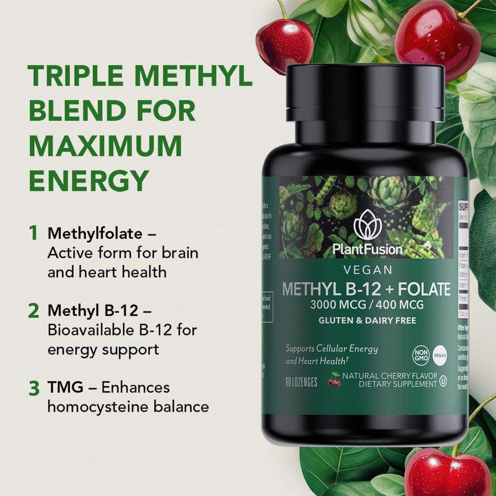 PlantFusion Vegan B12 Methyl 3000 mcg + Folate 400 mcg - Vitamina B12 Sublingual - 60 Pastillas - Sabor Cereza