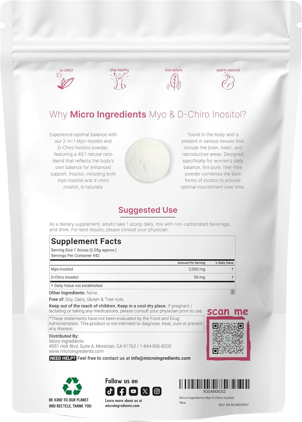 Micro Ingredients Myo-Inositol & D-Chiro Inositol en Polvo, 2 lb (442 porciones) | Ratio 40:1