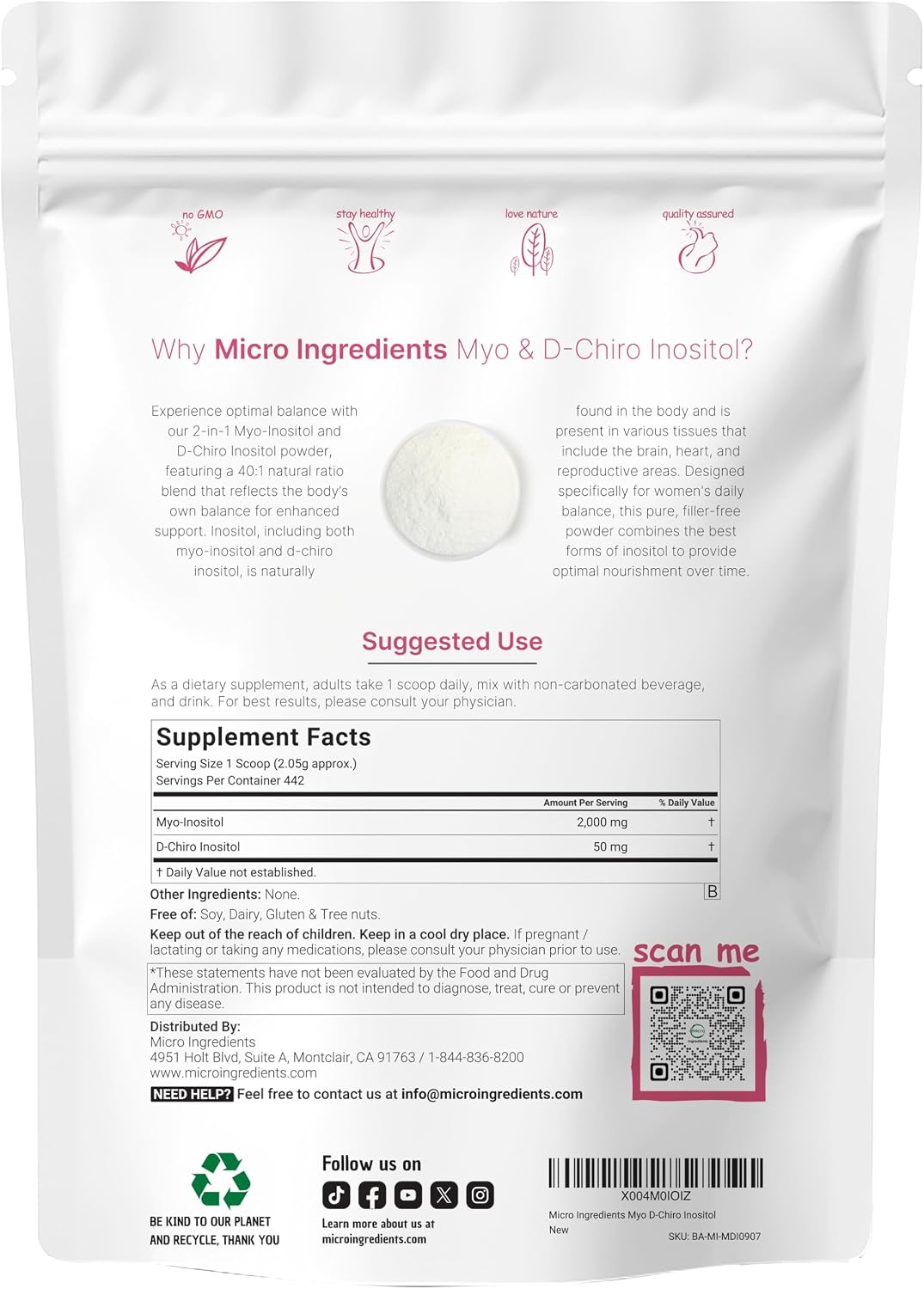Micro Ingredients Myo-Inositol & D-Chiro Inositol en Polvo, 2 lb (442 porciones) | Ratio 40:1