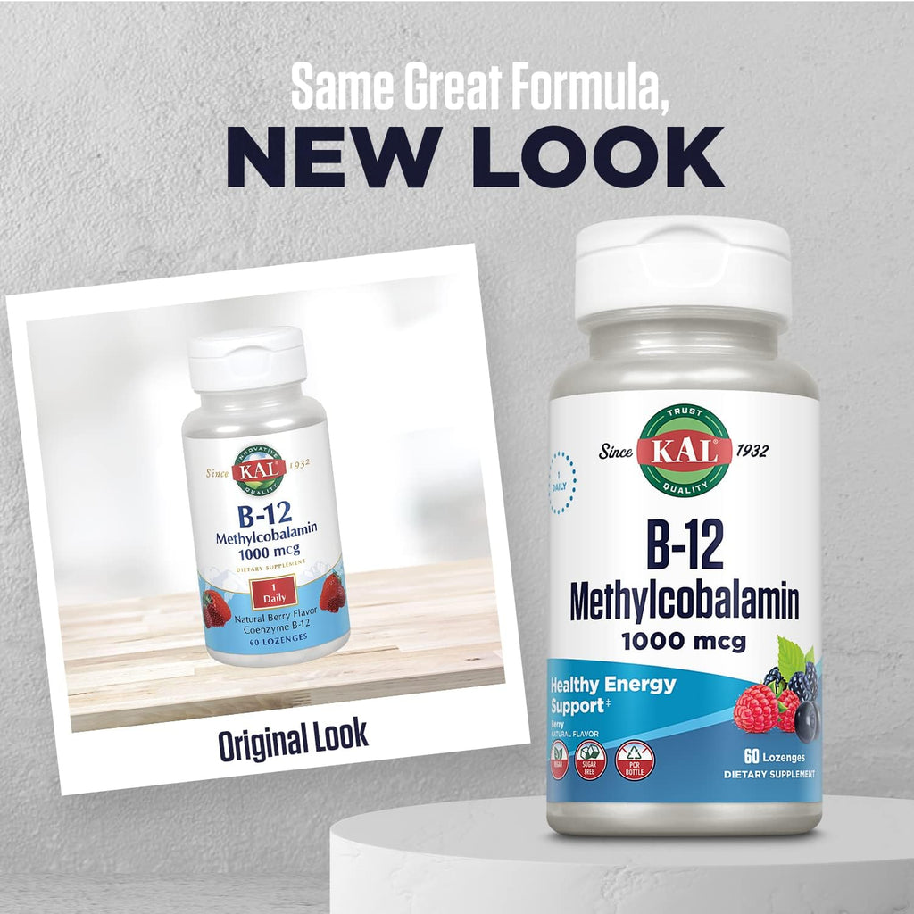 KAL Vitamina B-12 Metilcobalamina 1000 mcg - Comprimidos sabor baya natural, 60 unidades