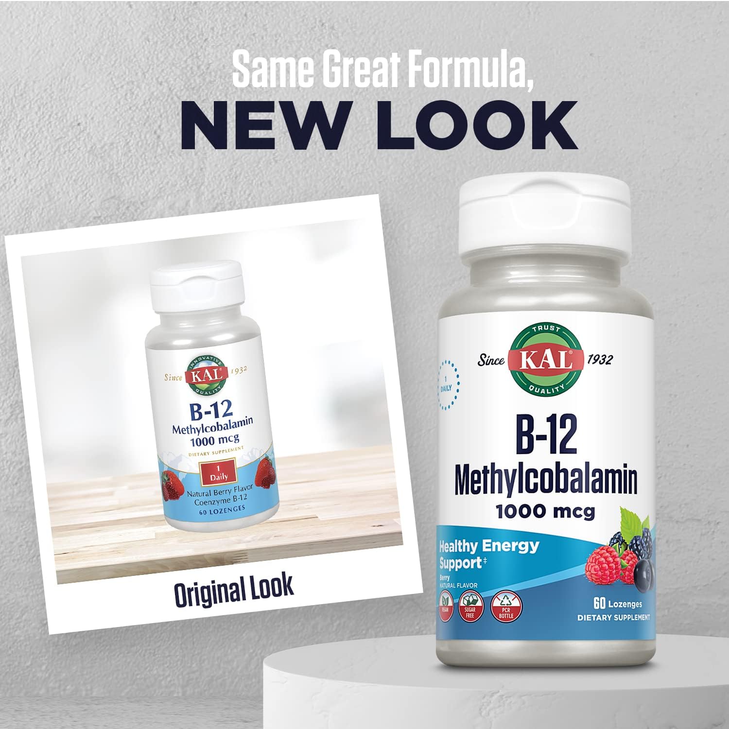 KAL Vitamina B-12 Metilcobalamina 1000 mcg - Comprimidos sabor baya natural, 60 unidades