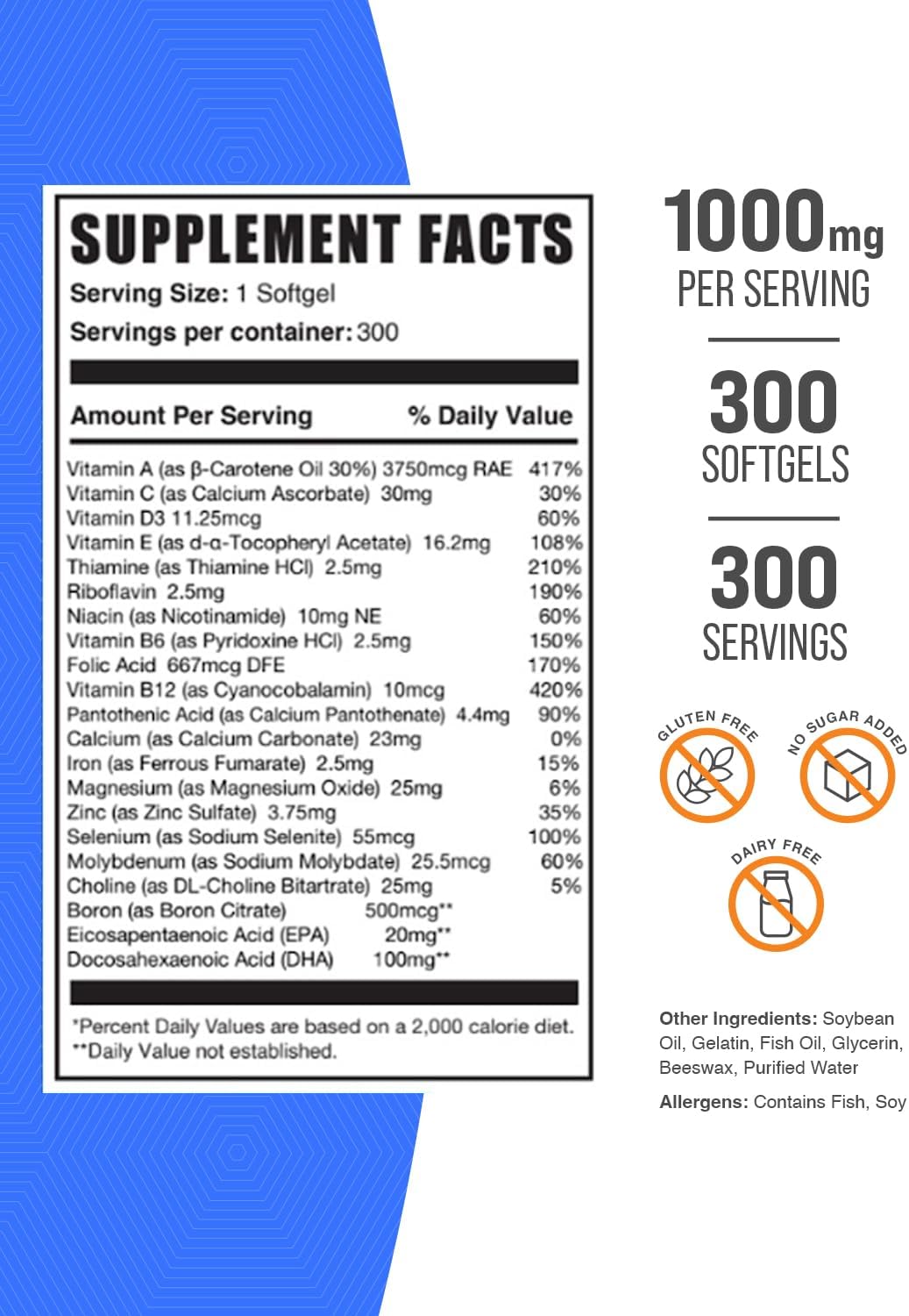 Multivitamínico para Mujeres con Hierro y Aceite de Pescado - 300 Cápsulas Blandas