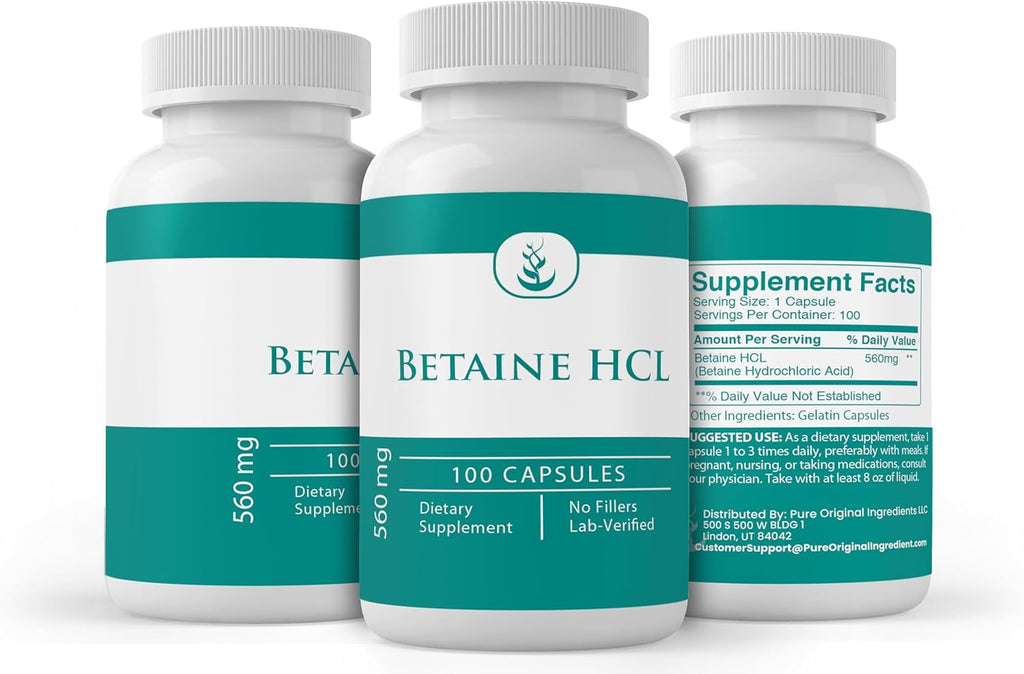 PURE ORIGINAL INGREDIENTS Betaine HCL, 100 Cápsulas - Puro, Sin Aditivos