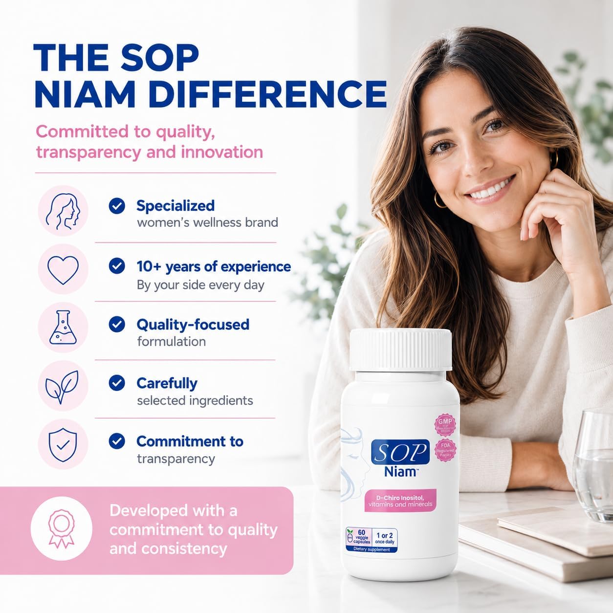 SOP NIAM D-Chiro Inositol 500mg con Ácido Fólico, Vitamina D3, B6, B12 y Biotina - 60 Cápsulas Veganas