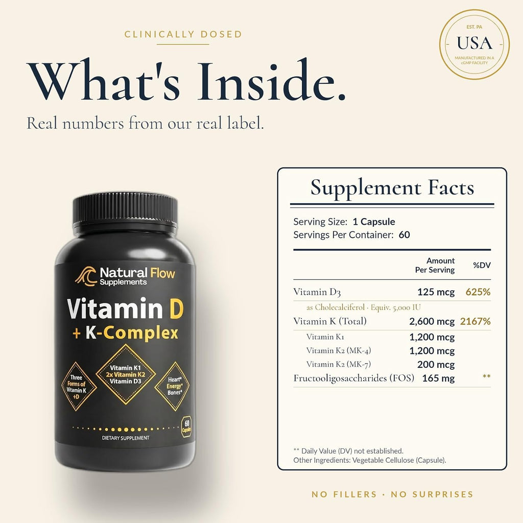 Natural Flow Vitamin D3 with K2 Complex — 5,000 IU D3 + Full K-Complex (K1, MK-4, MK-7) + FOS — Bone, Heart & Immune Support — Vegetarian, USA Made, 60 Capsules