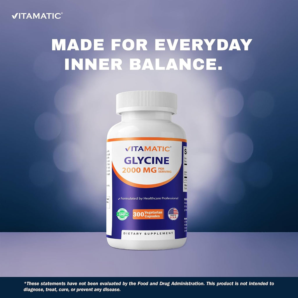 Vitamatic Glicina Suplemento, 2000mg por Dosis, 300 Cápsulas, No-GMO, Sin Gluten