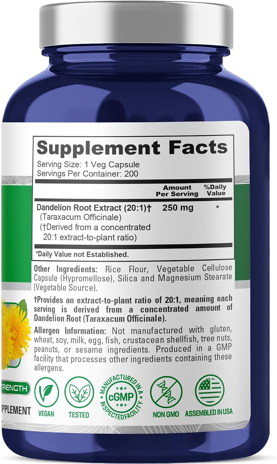 NusaPure Raíz de Diente de León, 250 mg, 200 Cápsulas Veganas (No-GMO, Vegano)