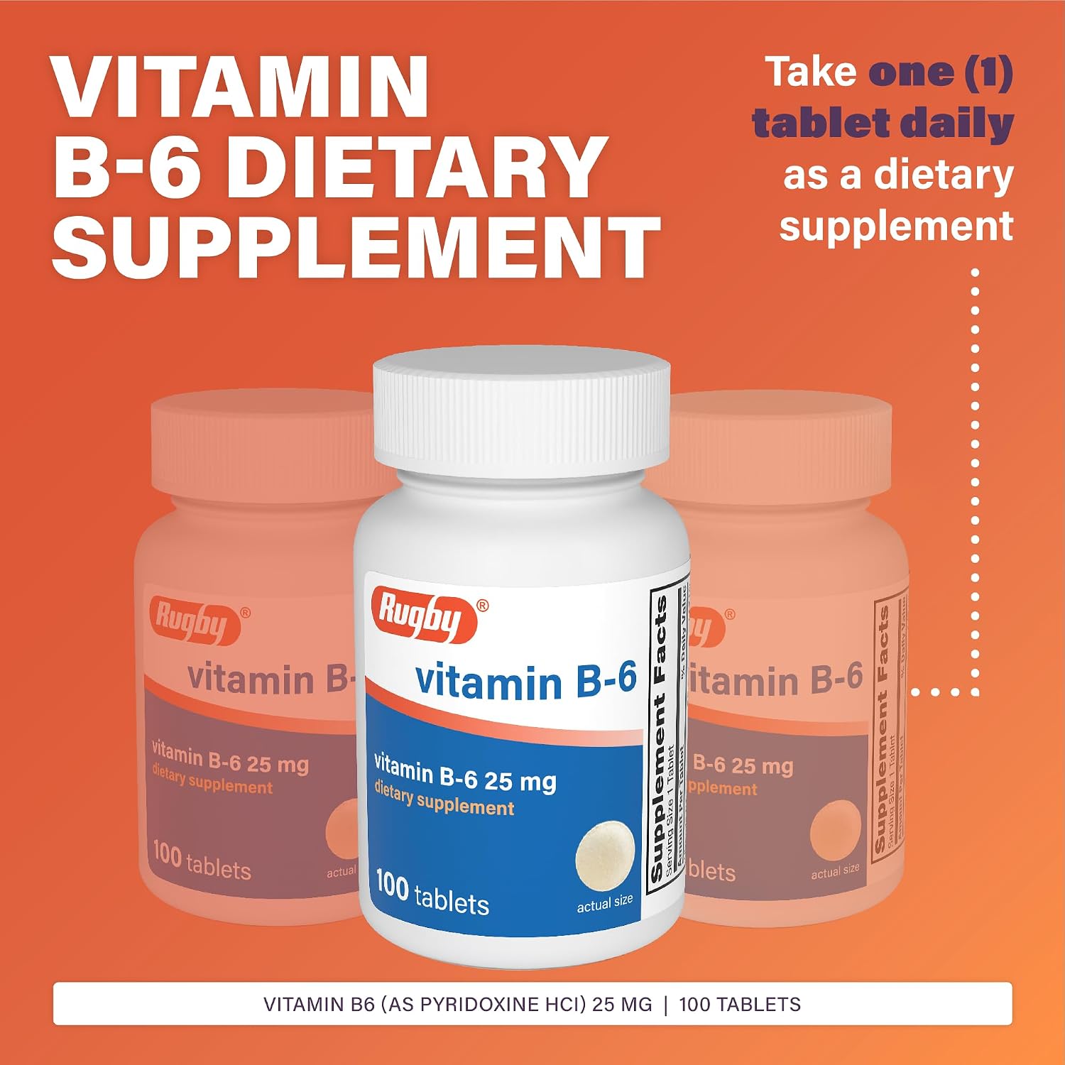 Rugby Vitamin B-6 Tablets - 25mg de Vitamina B6 - Suplemento Alimenticio - 100 Comprimidos (Paquete de 2)
