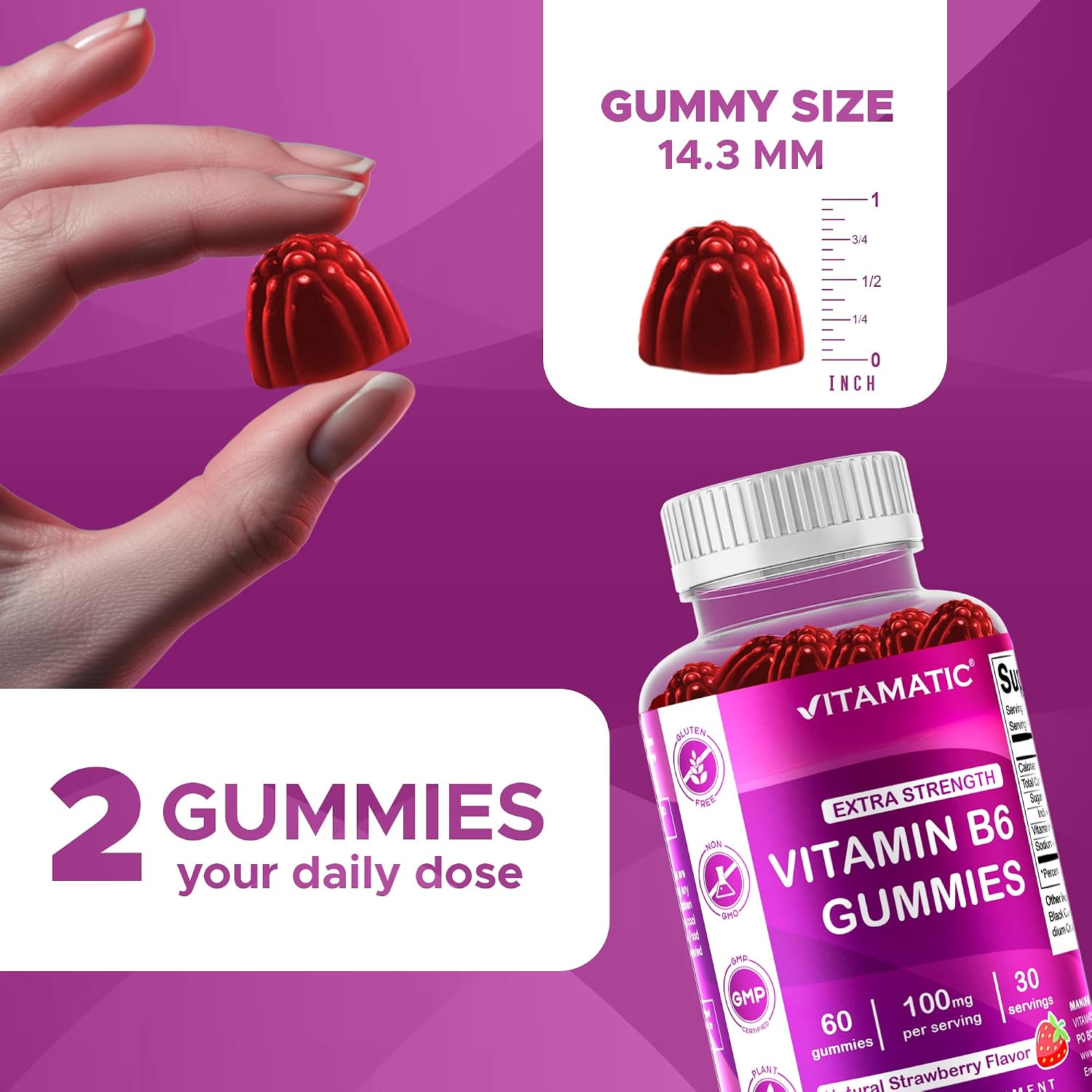 Vitamatic Vitamina B6 100mg - Sabor a Bayas Natural - 60 Gominolas a Base de Pectina - Apoyo Sistema Nervioso