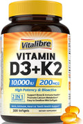 Vitalibre Vitamina D3 K2 10000 UI 200 mcg MK-7, 300 Cápsulas