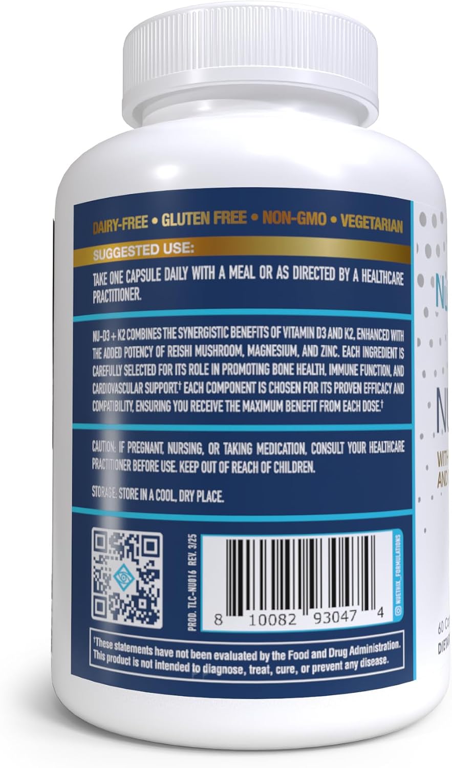 NuEthix Formulations NU-D3 + K2 - Vitamina D3 y K2 5000 UI con Reishi, Magnesio y Zinc, 60 cápsulas