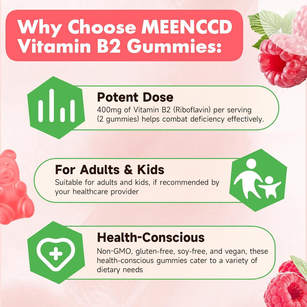 Gominolas de Vitamina B2 (Riboflavina) 400 mg con Magnesio – Sin Azúcar, Veganas, Sabor Frambuesa – 60 Unidades