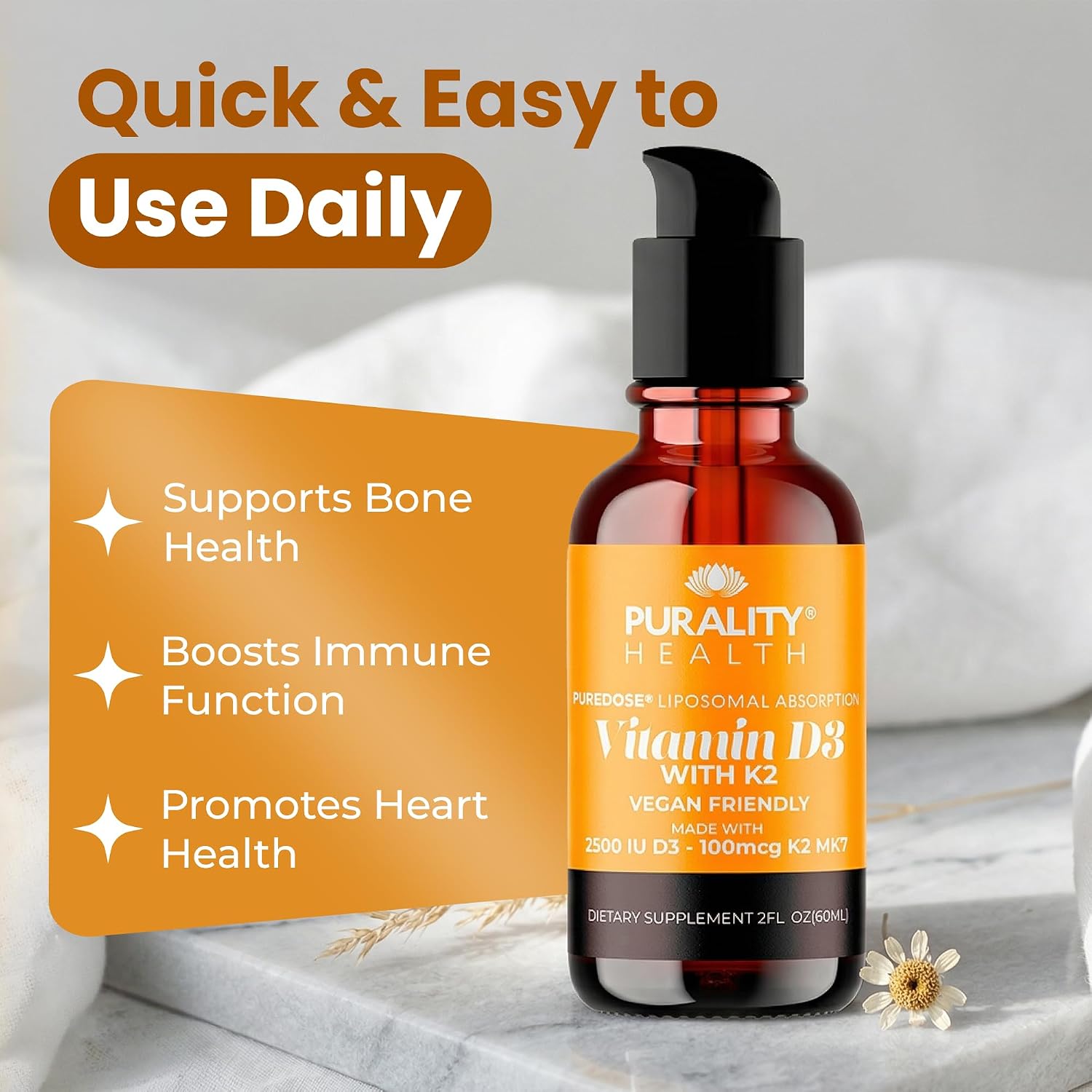 PURALITY HEALTH Vitamina D3 con K2 Líquido Vegano, Absorción Liposomal, 30 Días