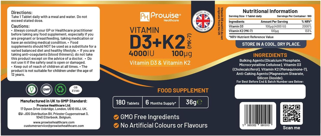 Prowise Healthcare Vitamina D3 4000UI y K2 MK7 100µg – 180 Comprimidos Vegetarianos