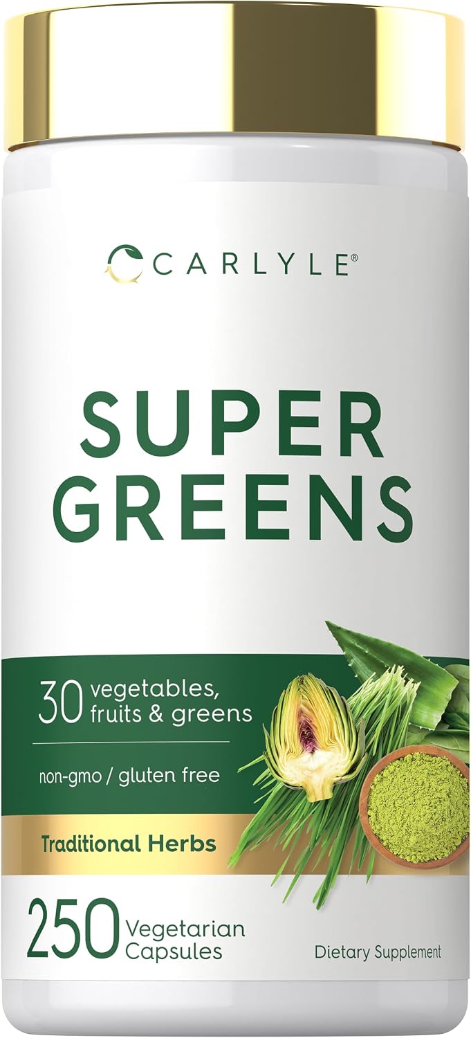 Carlyle Super Greens Cápsulas, 250 uds – Mezcla de 13 verduras y 17 frutas, Sin gluten y No transgénico