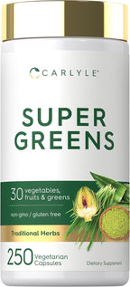Carlyle Super Greens Cápsulas, 250 uds – Mezcla de 13 verduras y 17 frutas, Sin gluten y No transgénico