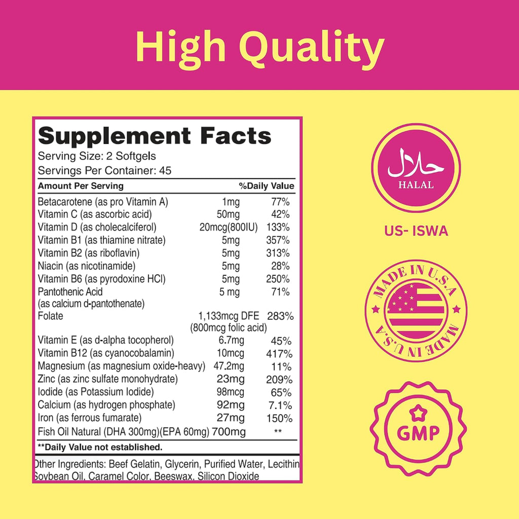 Greenfield Nutritions Vitaminas Prenatales Halal con DHA y Ácido Fólico - Multivitamínico Esencial para el Embarazo con Hierro - 90 Cápsulas Blandas