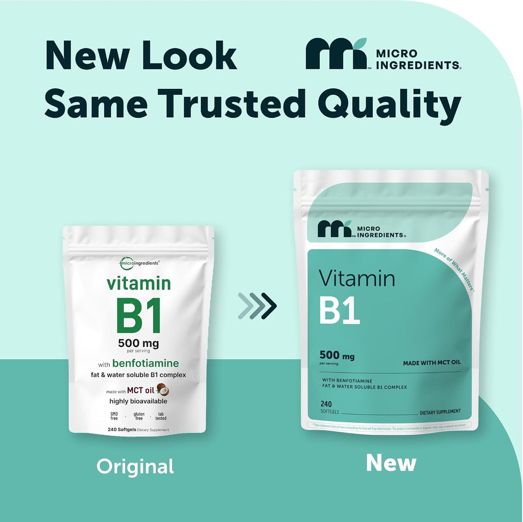 Micro Ingredients Vitamina B1 Tiamina 500mg con Benfotiamina y Aceite MCT, 240 Cápsulas Blandas | Suplemento Altamente Biodisponible para Energía y Sistema Nervioso* | No-GMO, Sin Soja