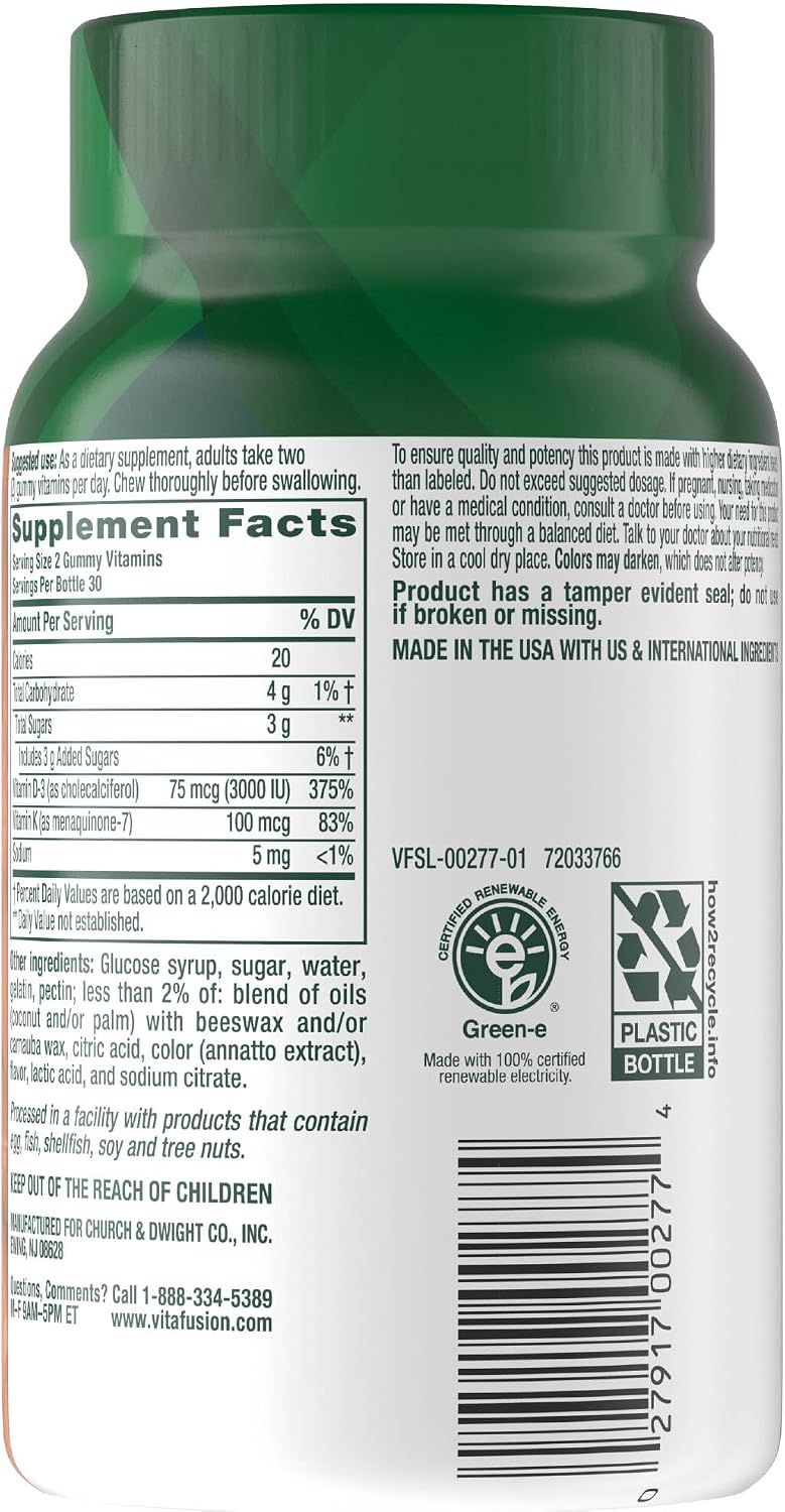 Vitafusion Power Plus Vitamina D3 K2 Gomitas, 3000 UI, 60 Unidades, Sabor Tropical Punch