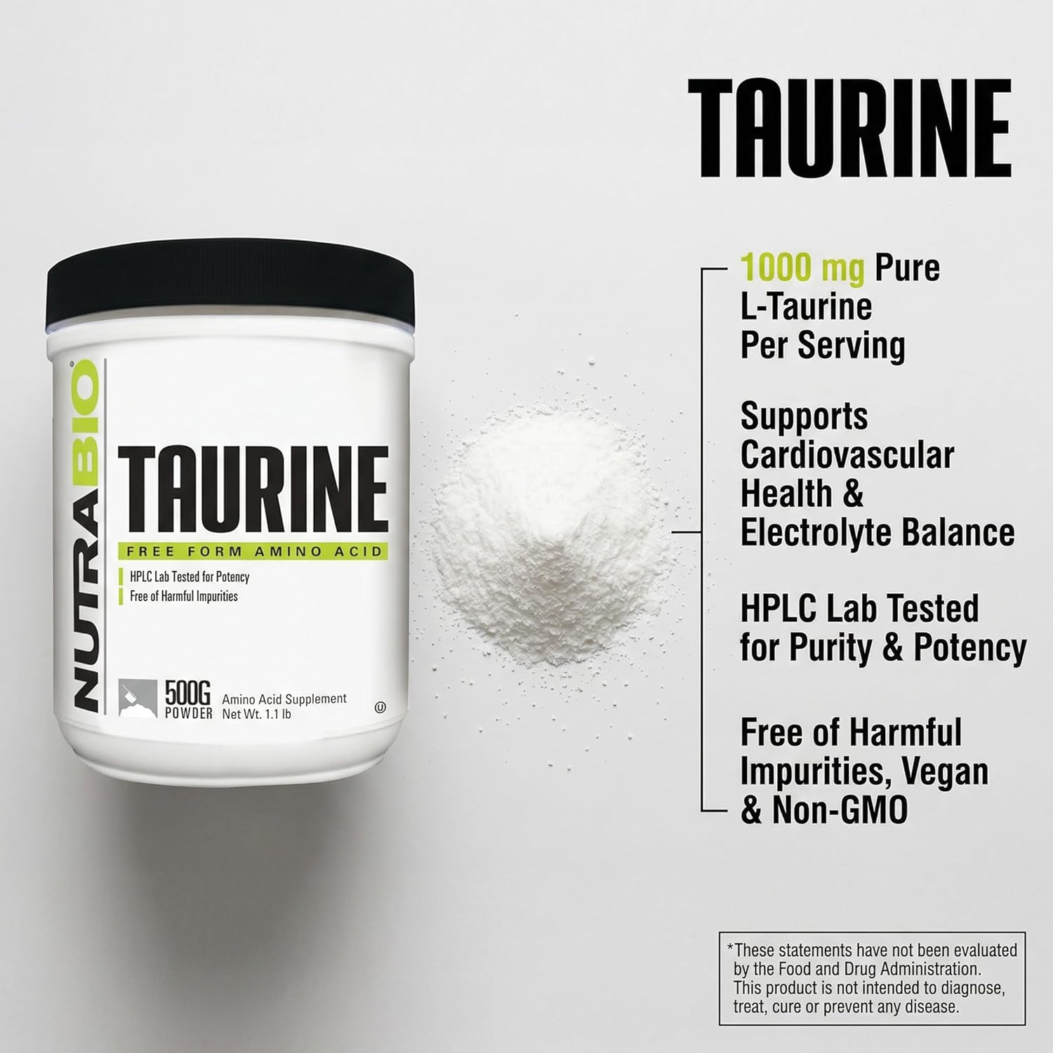 NutraBio Polvo de Taurina 500g | L-Taurina Pura Grado USP