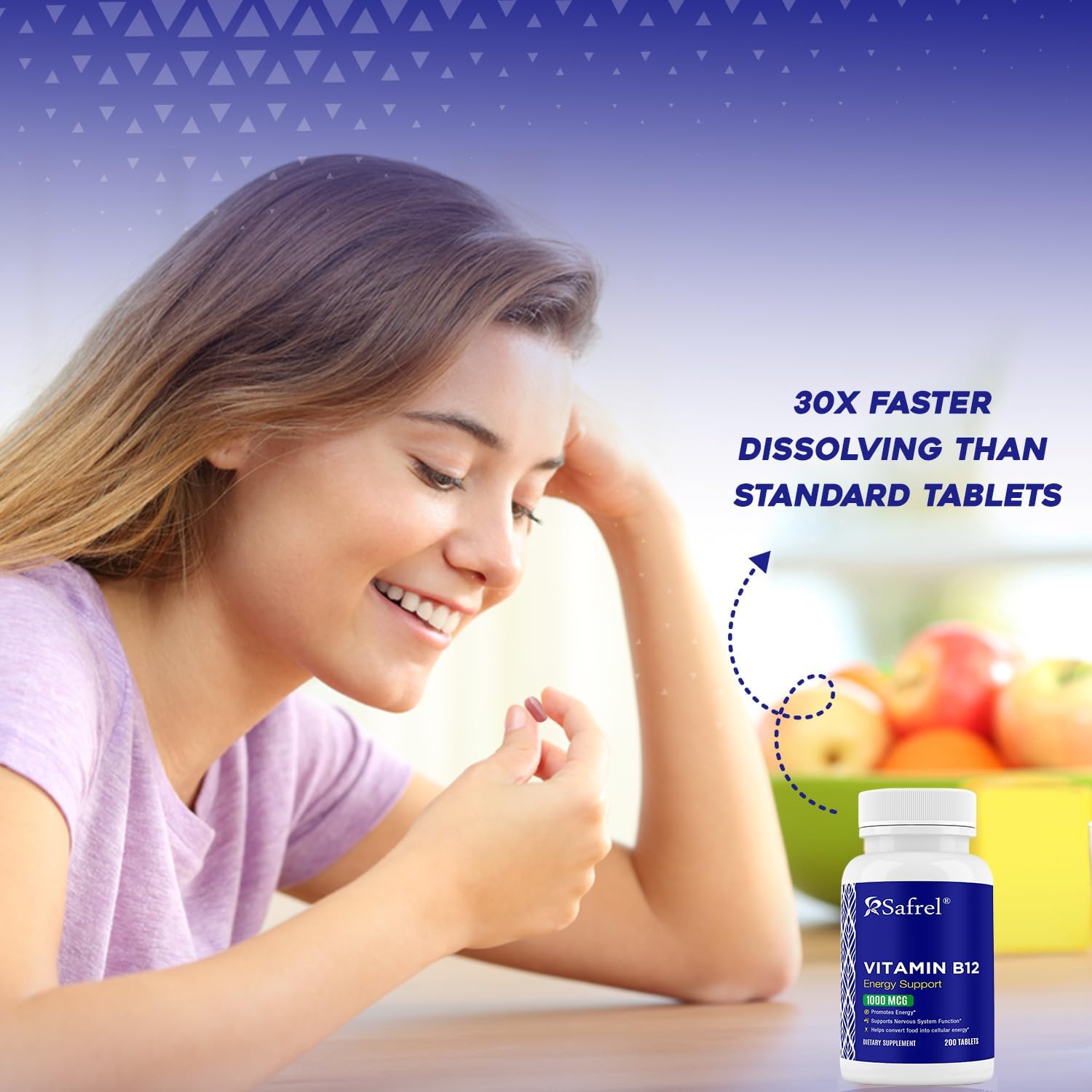 Safrel Vitamina B12 1000 mcg - 200 Comprimidos - Vegano, Sin Gluten, Sin Colorantes