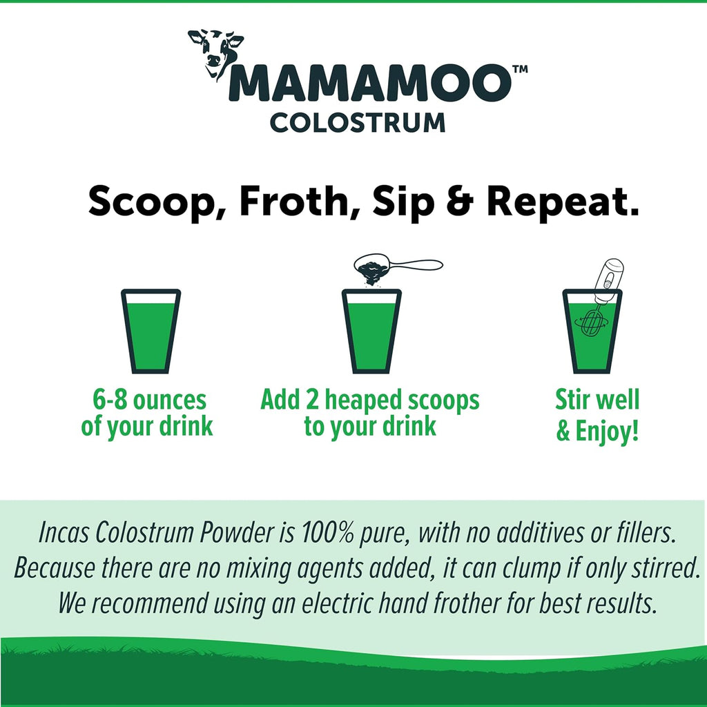 MamaMoo™ Colostro Bovino en Polvo >50% IgG, de Pasto, Verificado Non-GMO, 400+ Nutrientes, 60 Dosis (Sin Sabor)