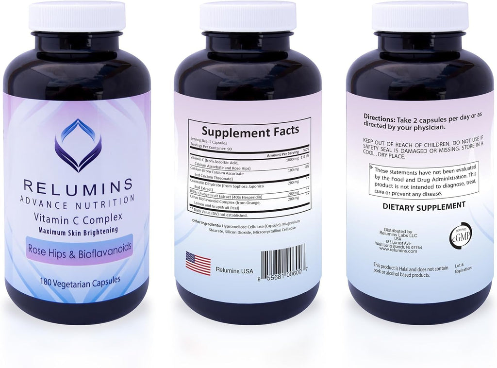 Relumins Advanced Vitamin C con Escaramujo – 1000 mg, 180 Cápsulas x 3 (9 Meses de Suministro)