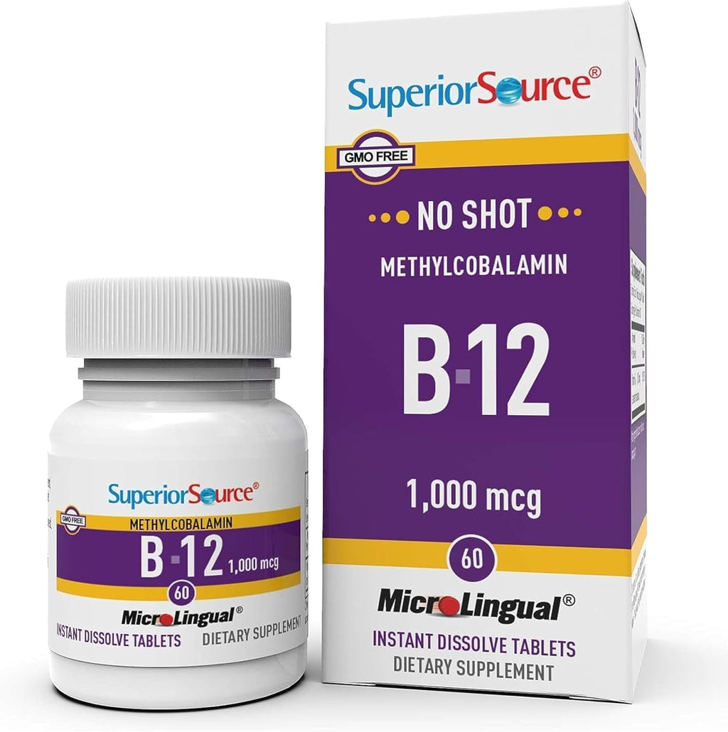 Superior Source No Shot Metilcobalamina B-12 1.000 mcg - Vitamina B-12 para favorecer la producción de energía, la salud cerebral y el bienestar general - Comprimidos sublinguales de rápida absorción - 60 comprimidos