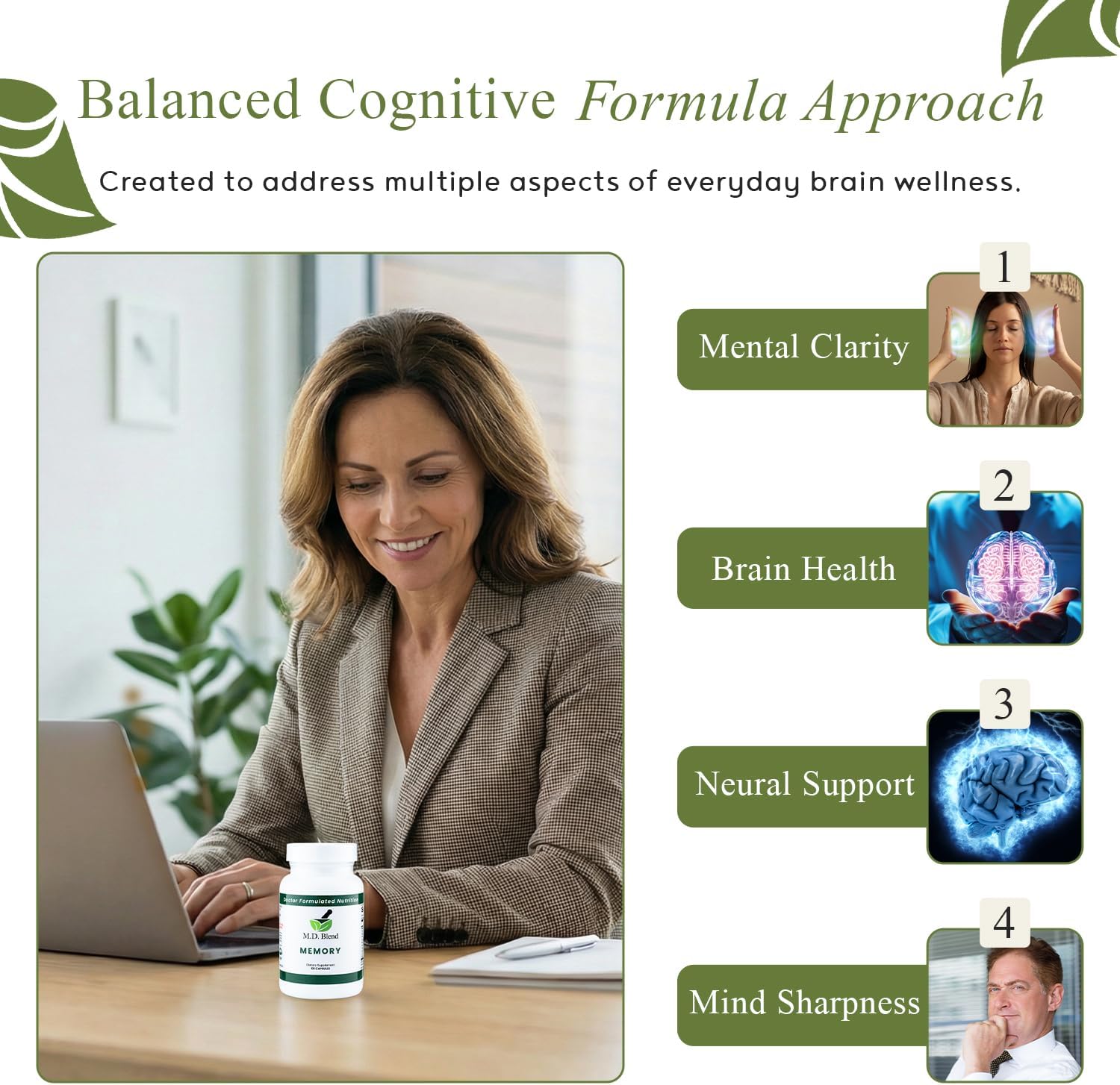 M.D. Blend Brain Support – Suplemento para la Memoria y el Enfoque, 180 Cápsulas (Paquete de 3)