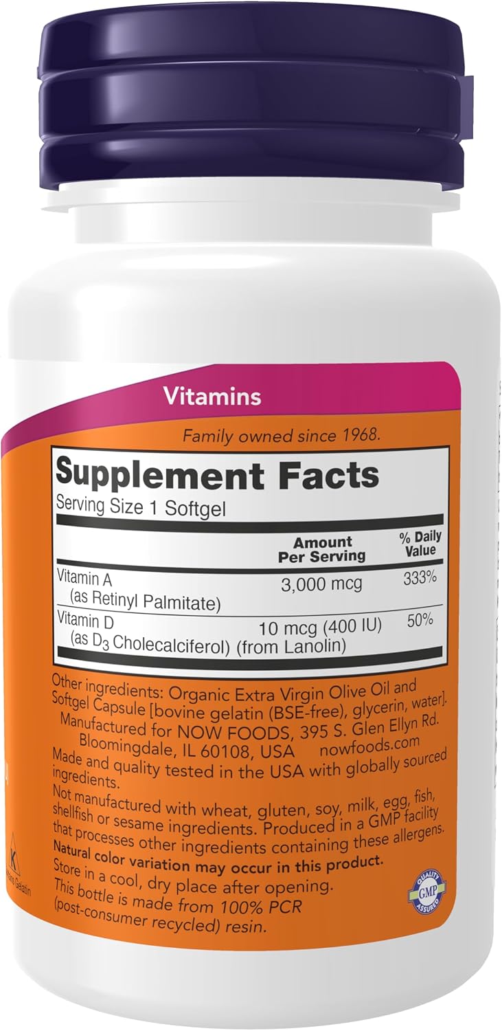 NOW Foods Vitamina A y D 10.000/400 UI, 100 Cápsulas Blandas