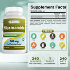 Best Naturals Niacinamide 500 mg 240 Comprimidos (Apto para Vegetarianos) - Forma No Flush de Niacina (Vitamina B3)