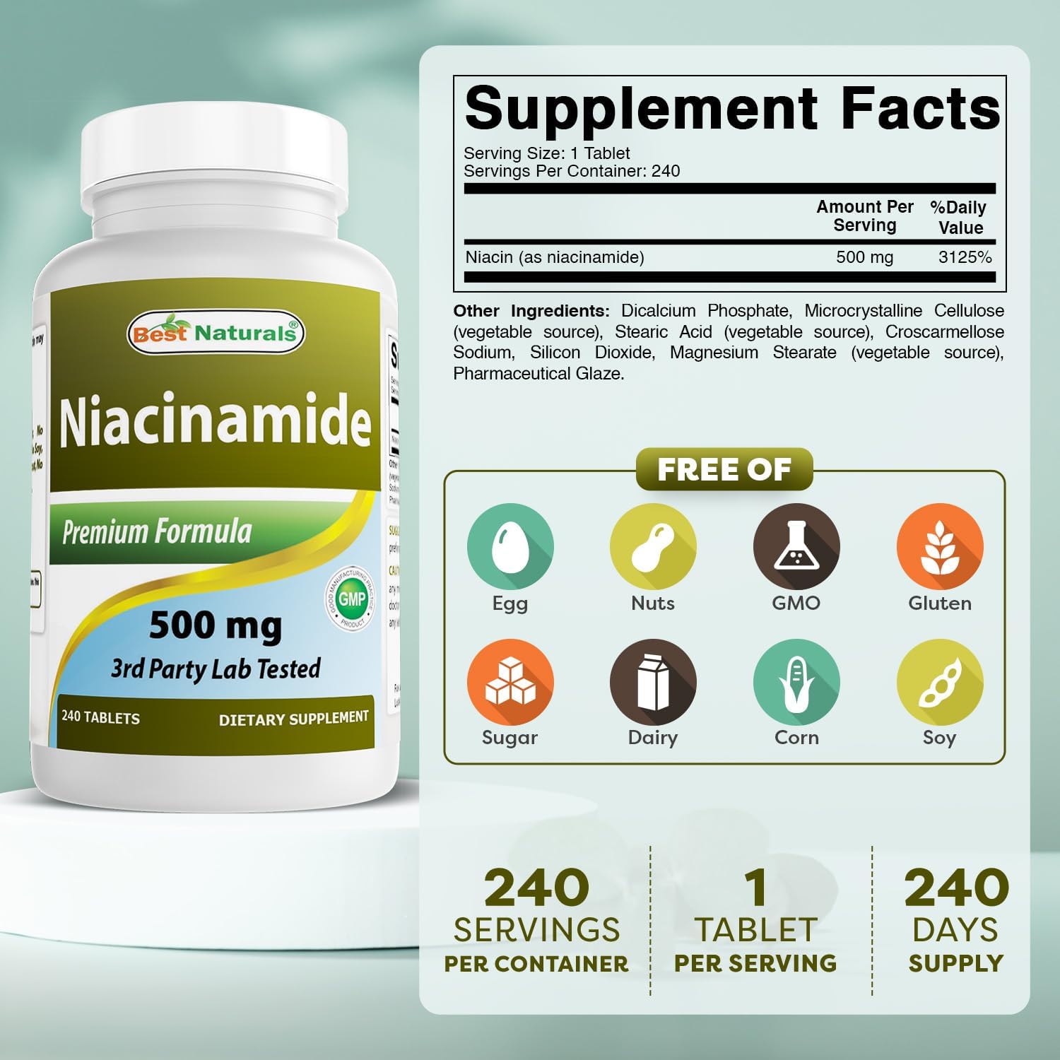Best Naturals Niacinamide 500 mg 240 Comprimidos (Apto para Vegetarianos) - Forma No Flush de Niacina (Vitamina B3)