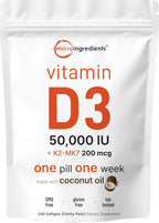 Vitamina D3 50.000 UI + K2 MK-7 200 mcg, 240 Cápsulas Blandas con Aceite de Coco Virgen