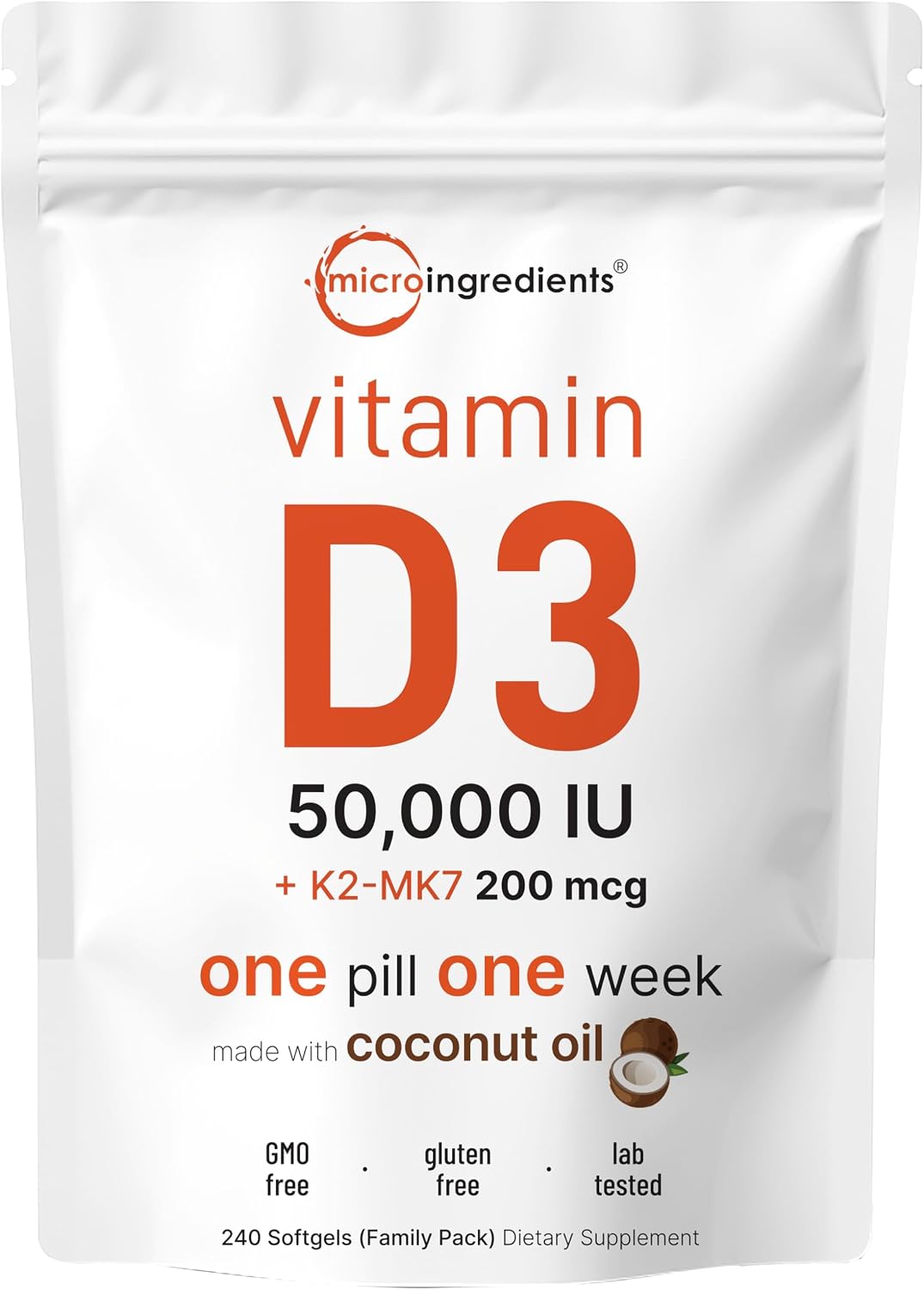 Vitamina D3 50.000 UI + K2 MK-7 200 mcg, 240 Cápsulas Blandas con Aceite de Coco Virgen