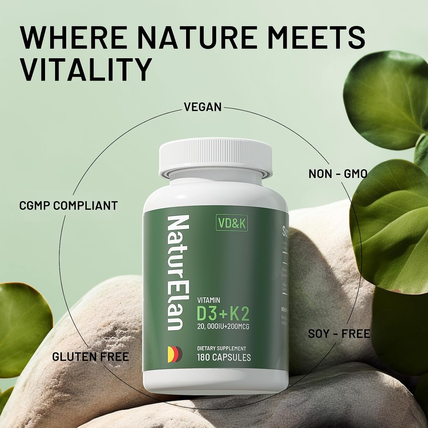 NaturElan Vitamina D3 K2 - 20.000 UI D3 + 200 mcg K2 (MK-7), 180 Cápsulas, Vegano, Sin Gluten