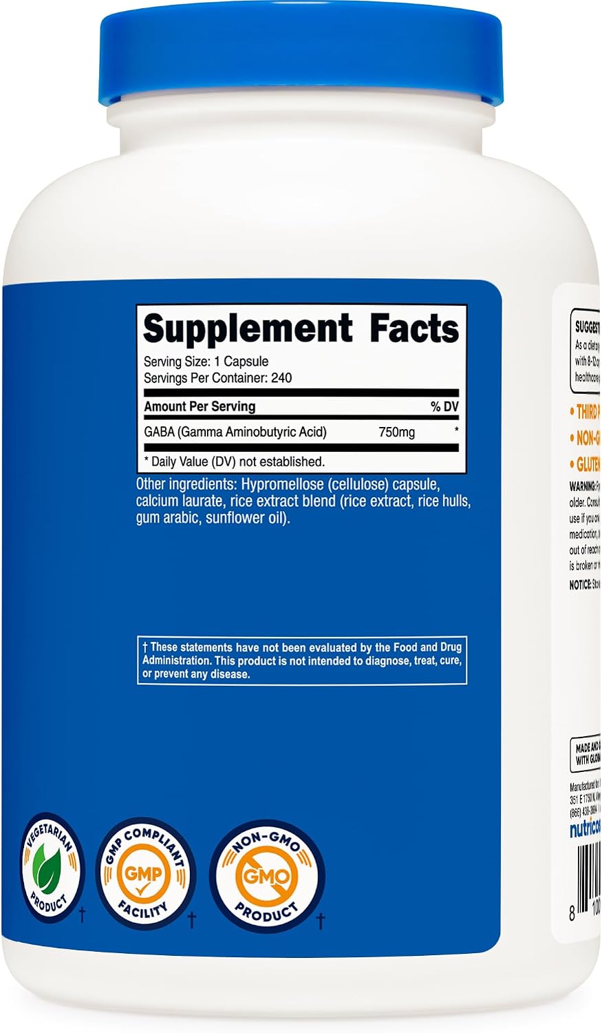 Nutricost GABA (Ácido Gamma-Aminobutírico) 750mg, 240 Cápsulas