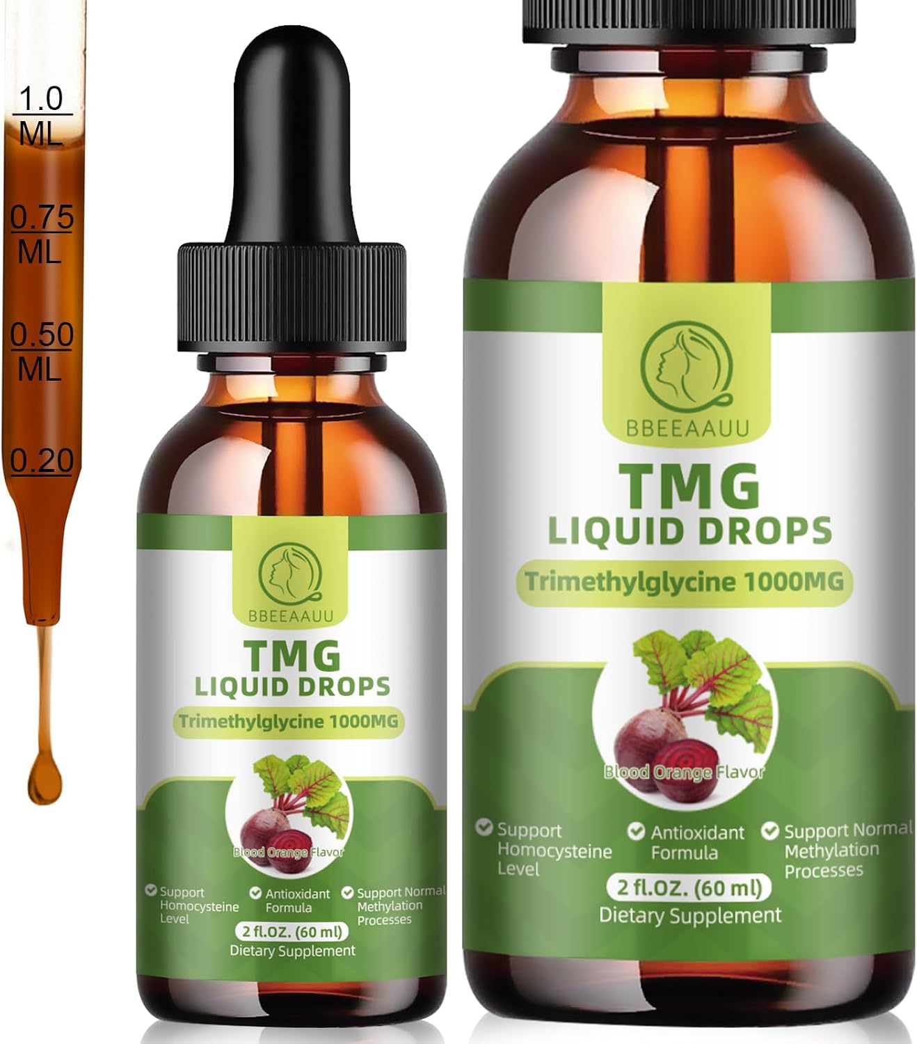 TMG (Trimetilglicina) 1000 mg - Gotas Líquidas con Betaina, Alta Absorción, No-GMO, Vegano, Sabor Naranja Sanguina, 2 x 60 ml