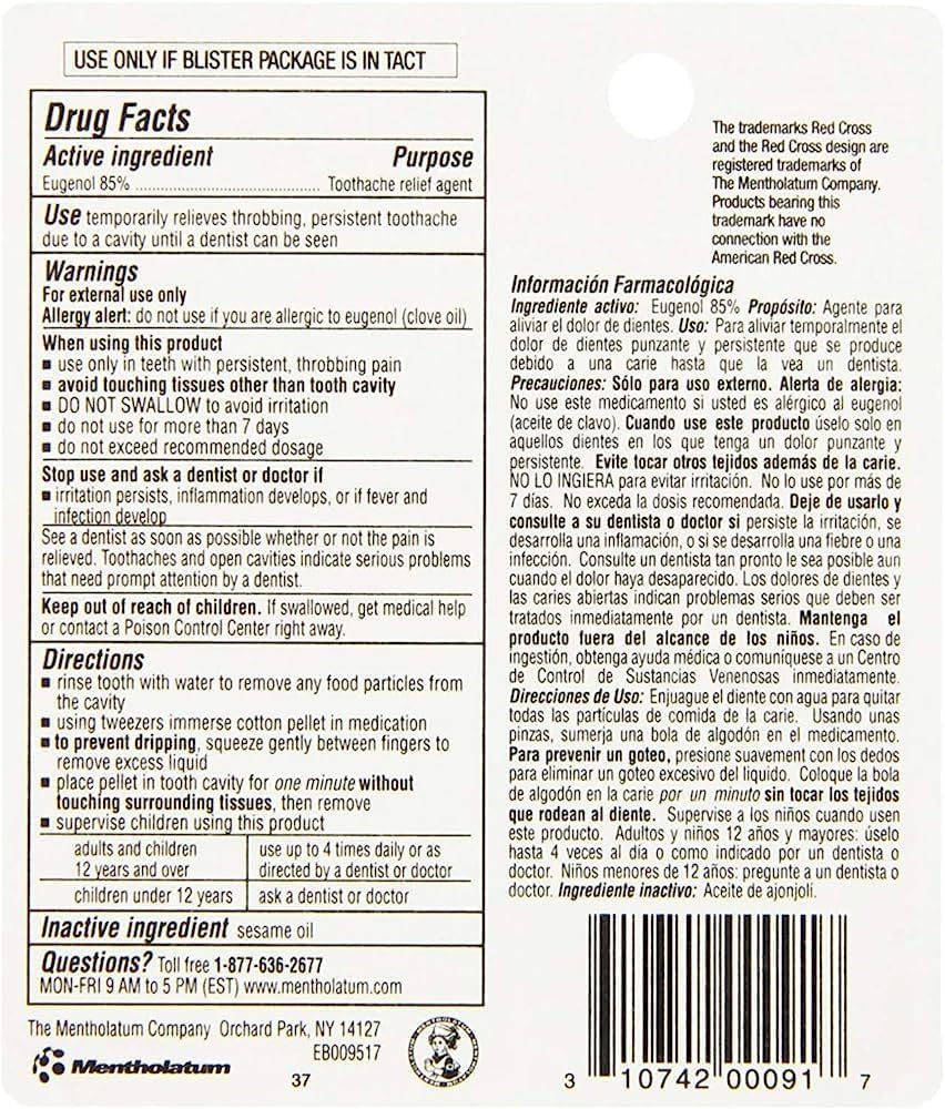 Gotas Medicinales para el Dolor de Muelas de la Cruz Roja
