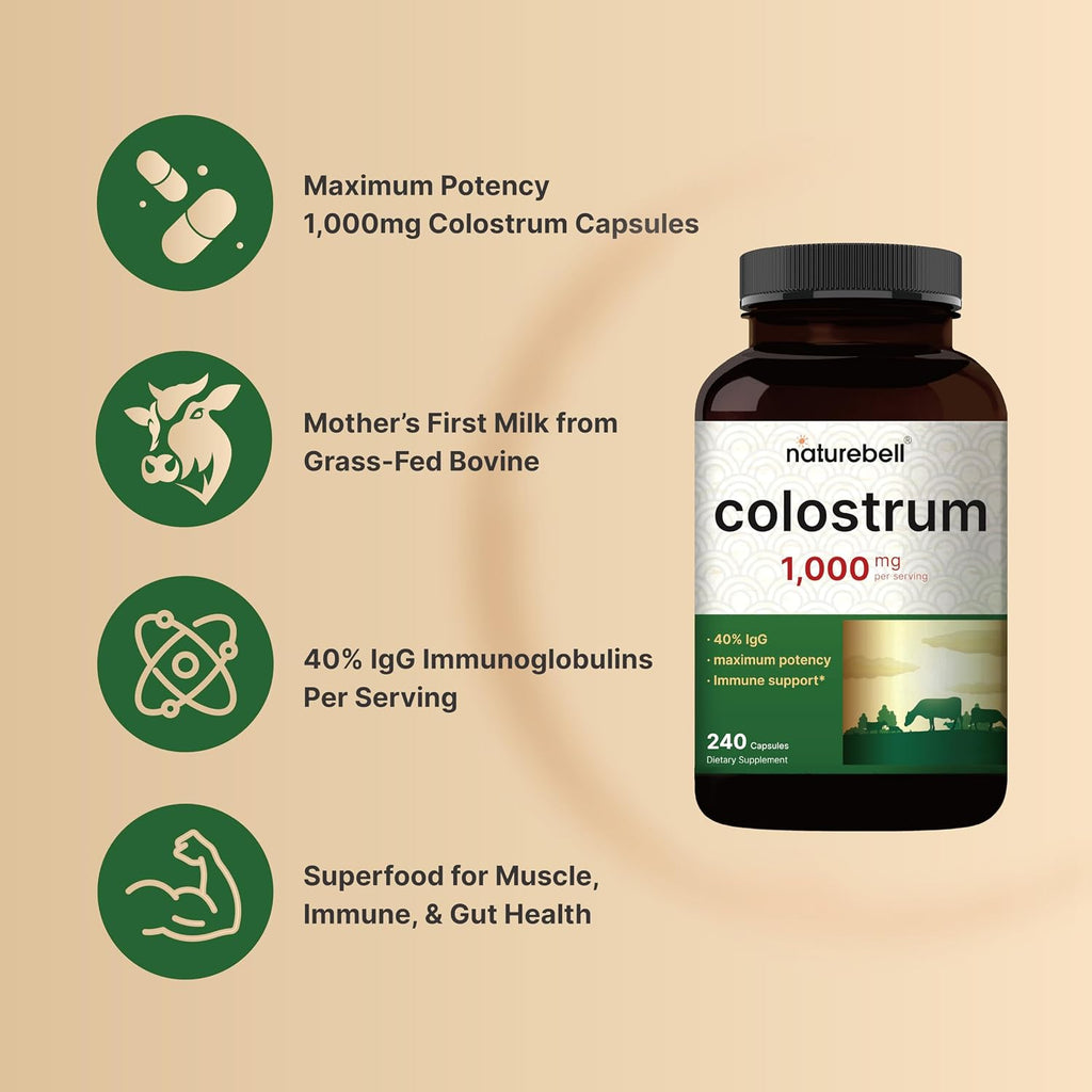 NatureBell Calostro Bovino 1000mg por Dosis, 240 Cápsulas | 40% IgG - Sin OGM