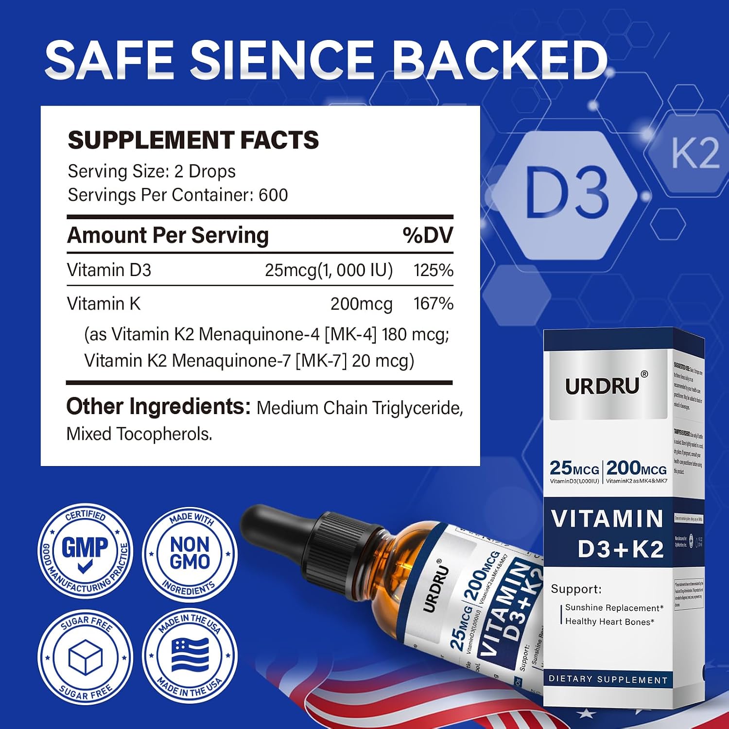 URDRU Gotas Líquidas Orgánicas de Vitamina D3 y K2 - 30ml
