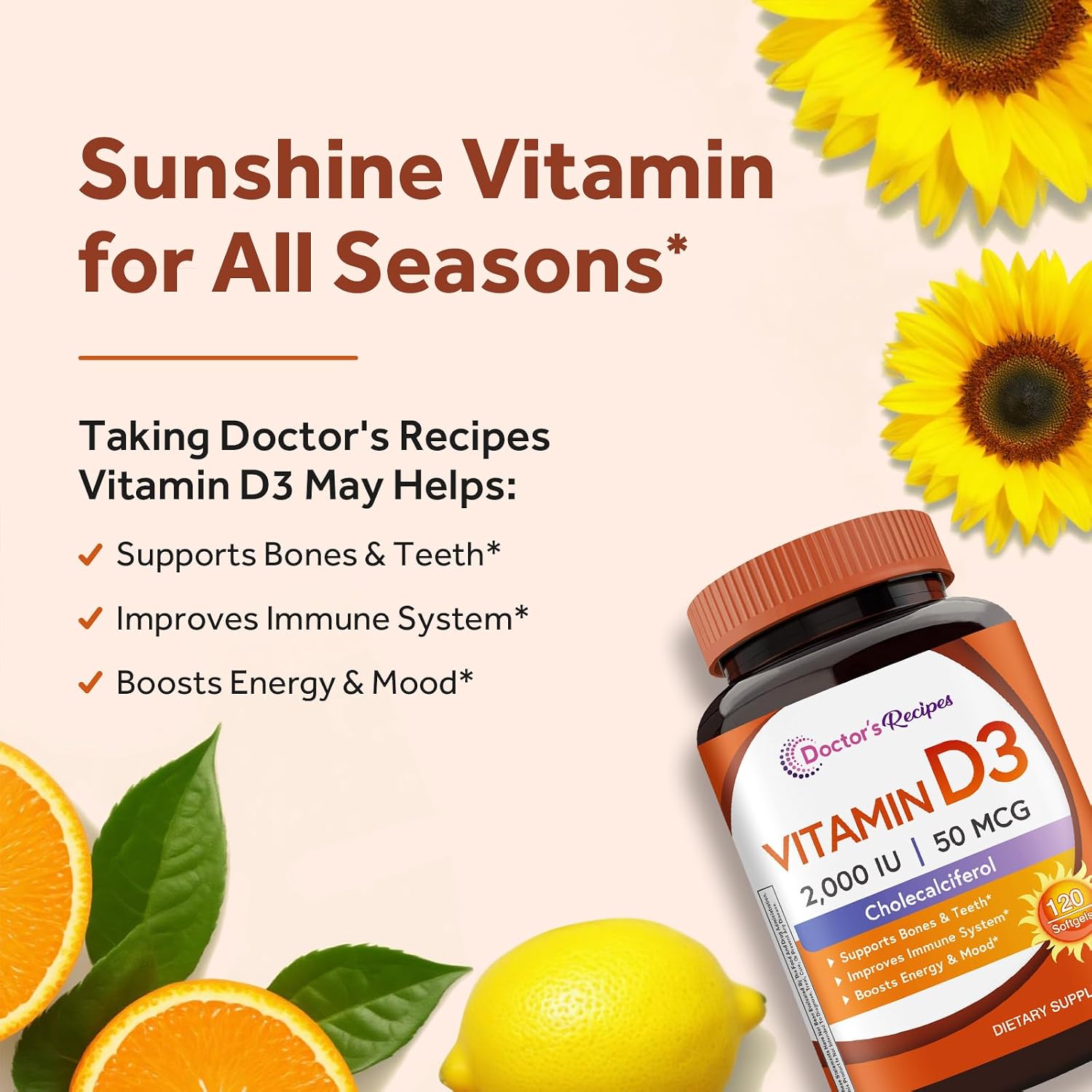 Doctor's Recipes Vitamina D3 2000 IU, Colecalciferol, 120 Cápsulas Blandas