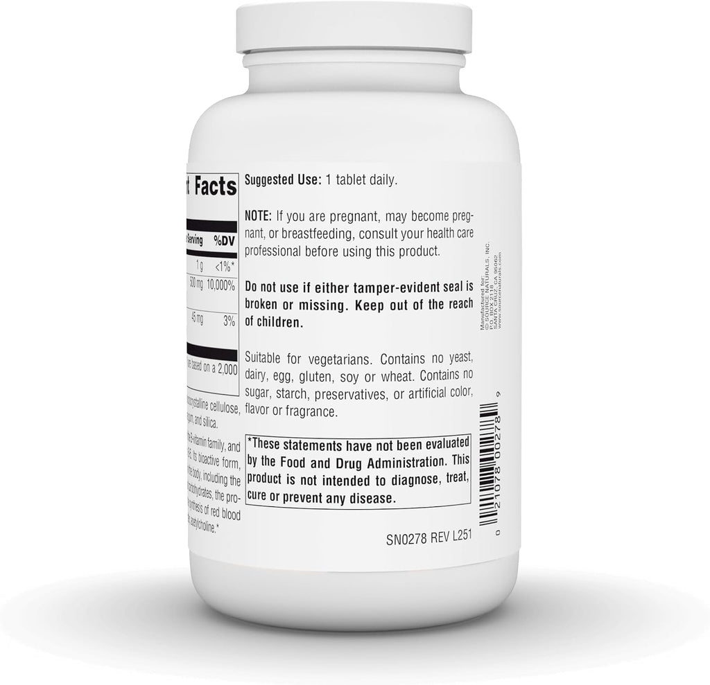 Source Naturals Ácido Pantoténico, Vitamina B5 500 mg - 200 Comprimidos Vegetarianos