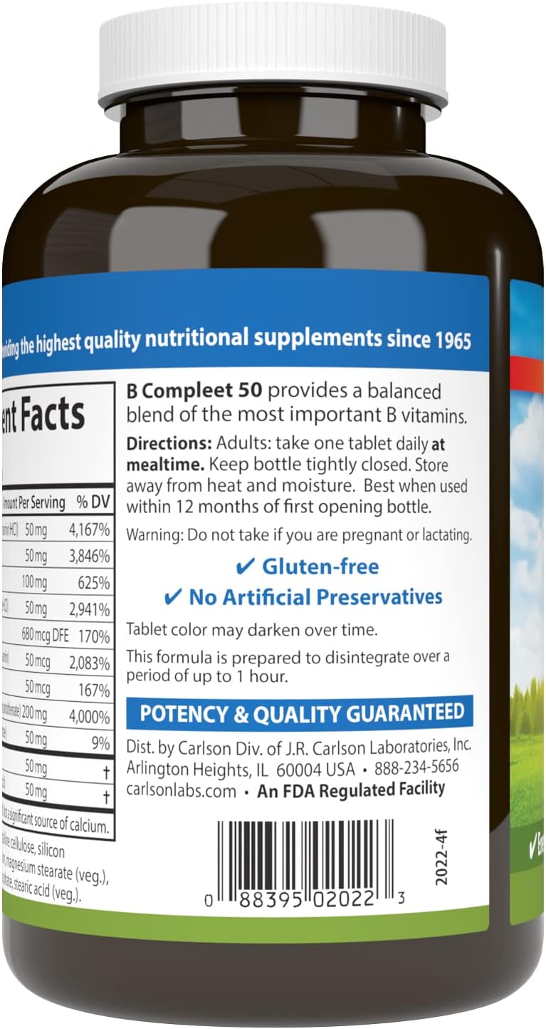 Carlson - B-Compleet 50, Balanced B Complex, 250 Tablets